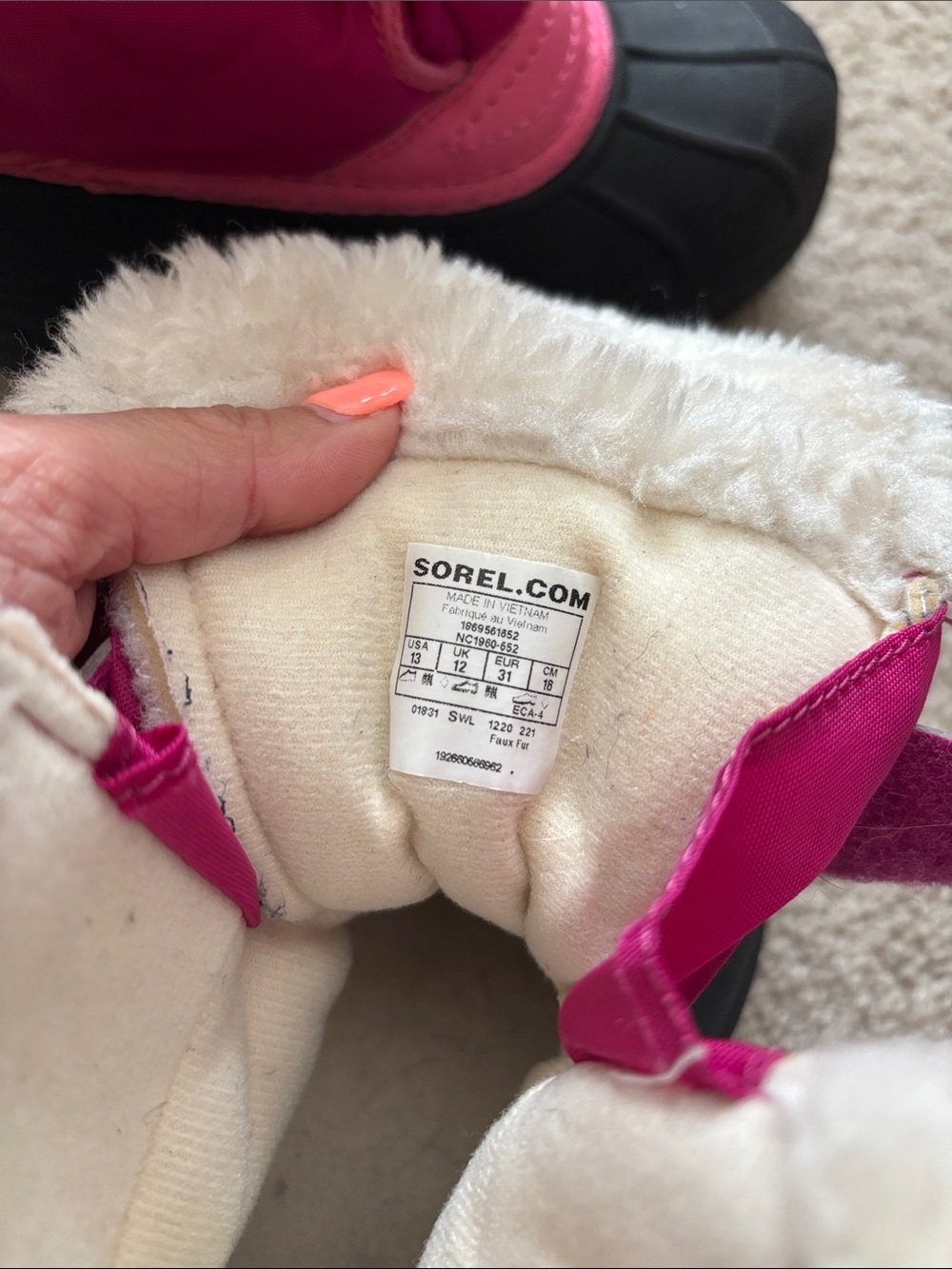 Sorel Pink and Black Girls' Insulated Winter Boots with Faux Fur Trim size 13 - Picture 3 of 5